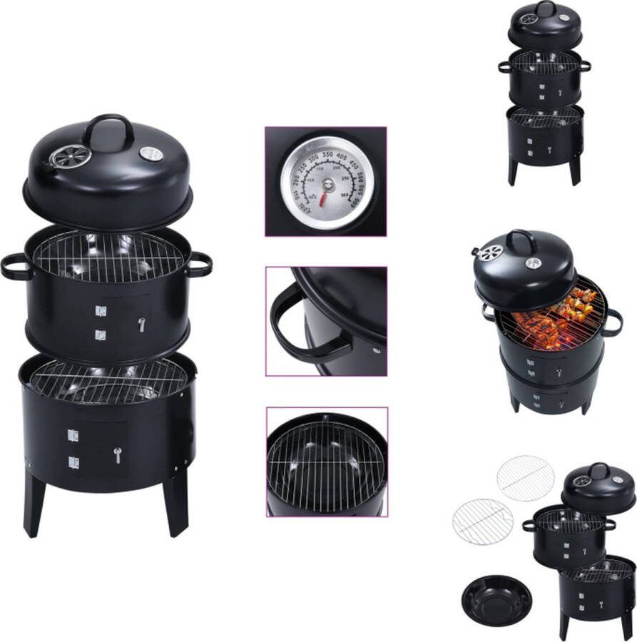 VidaXL Rookoven barbecue-grill 40 x 80 cm 3-in-1 Zwart Staal Met thermometer Barbecue