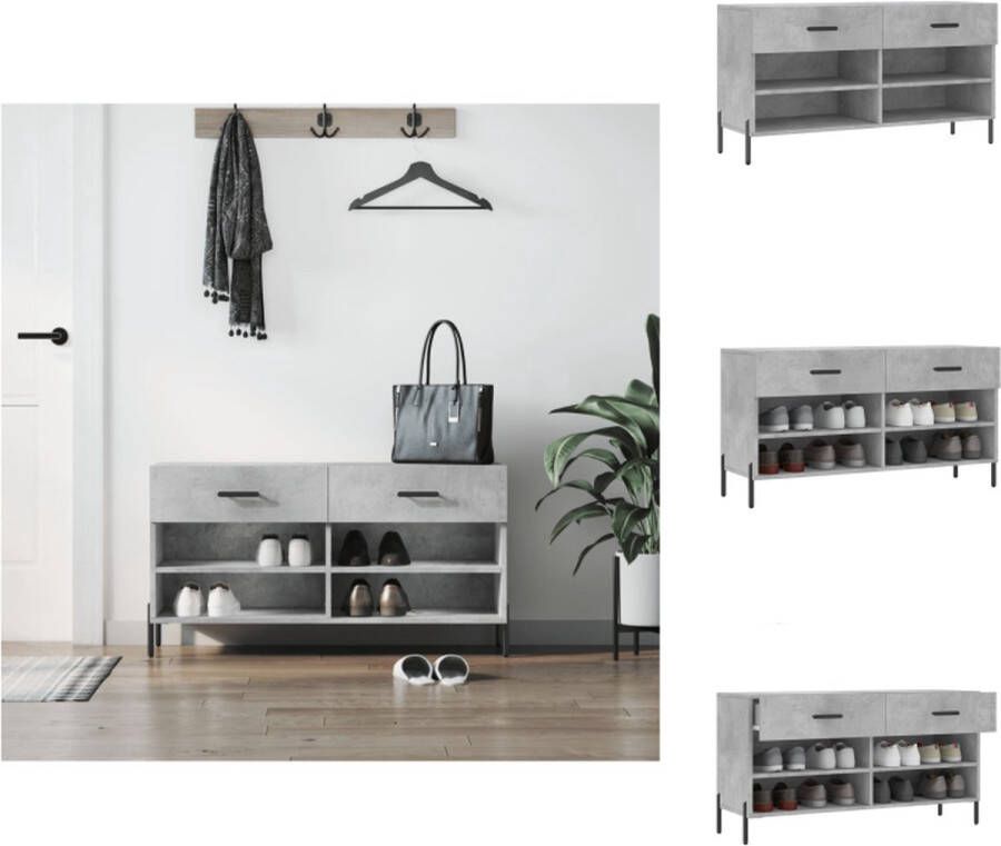 VidaXL Schoenenbank Betongrijs 102 x 35 x 55 cm Duurzaam bewerkt hout 2 lades en 4 planken Stabiel met ijzeren poten Schoenenkast
