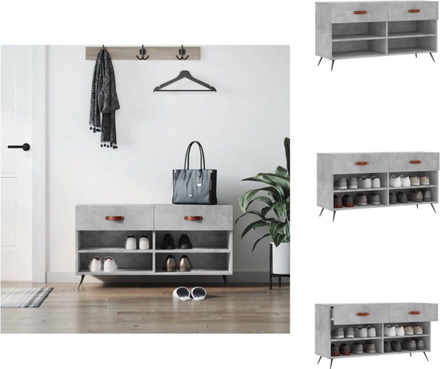 VidaXL Schoenenbank Betongrijs 102 x 35 x 55 cm Duurzaam hout 2 lades en 4 planken Schoenenkast