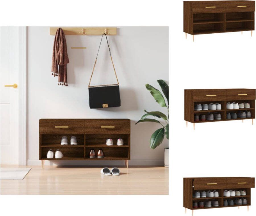 VidaXL Schoenenbank Trendy en praktisch Kleur- Bruineiken Afmetingen- 102 x 35 x 55 cm Duurzaam bewerkt hout en ijzer 2 lades 4 planken Stevig blad Ijzeren poten Montage vereist Schoenenkast