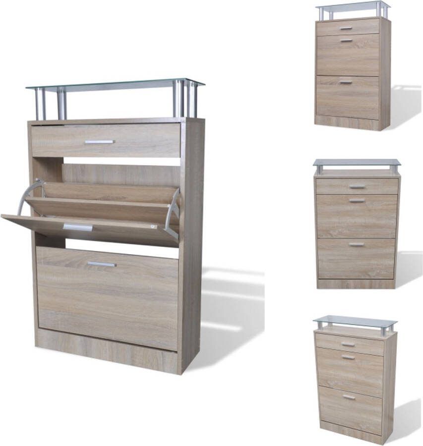 VidaXL Schoenenkast Eiken Houten kast met lade en glazen schap 63 x 24 x 104 cm Schoenenkast