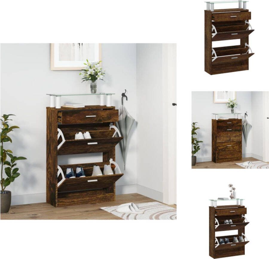 VidaXL Schoenenkast Smoked Oak 63x24x104 cm 3 Lades Gehard glas Schoenenkast