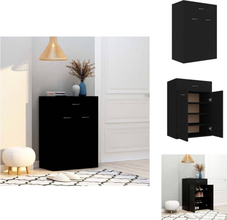VidaXL Schoenenrek Zwart bewerkt hout 60x35x84 cm Met 1 lade 2 deuren en 4 binnenschappen Schoenenkast
