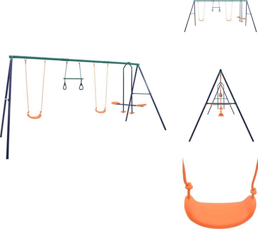 VidaXL Schommelset Stalen A-frame 2 enkele schommels 2 gymnastiekringen face-to-face schommel blauw groen oranje 380 x 156 x 180 cm Speeltoestellencombinatie