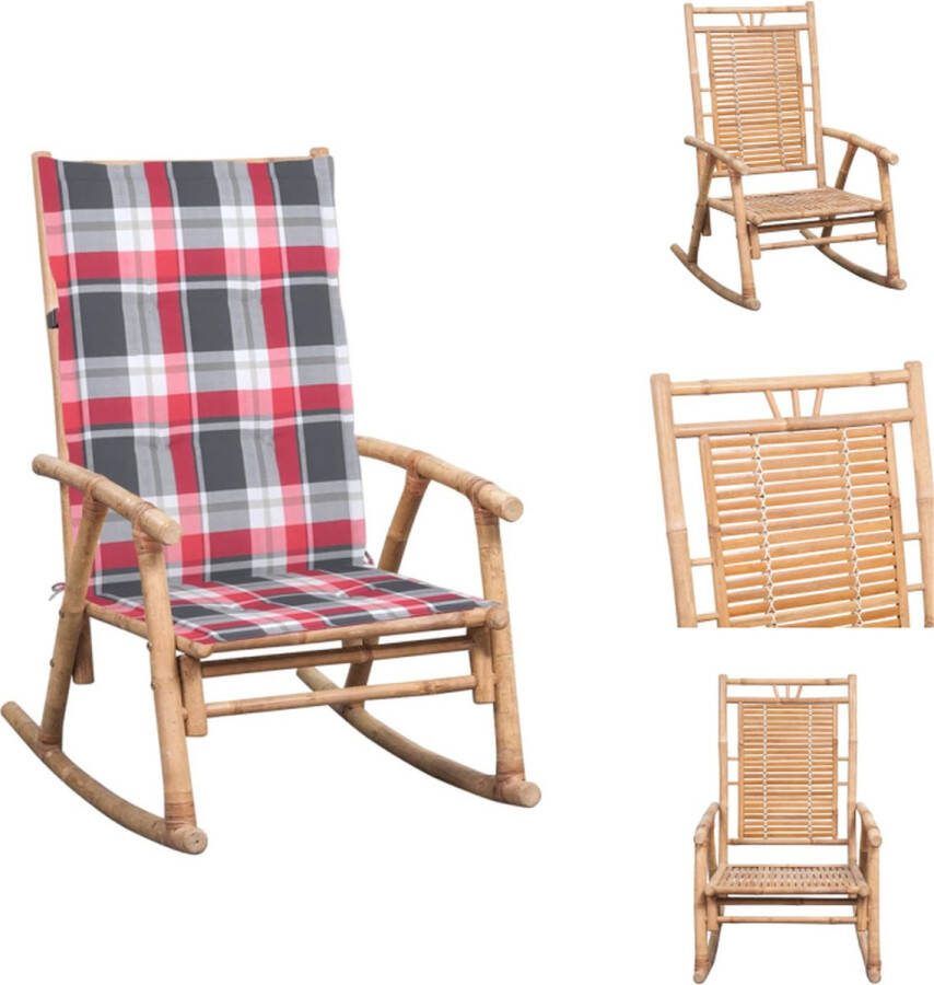VidaXL Schommelstoel Bamboe Armstoel Waterdicht Kussen Rood Ruitpatroon Tuinstoel