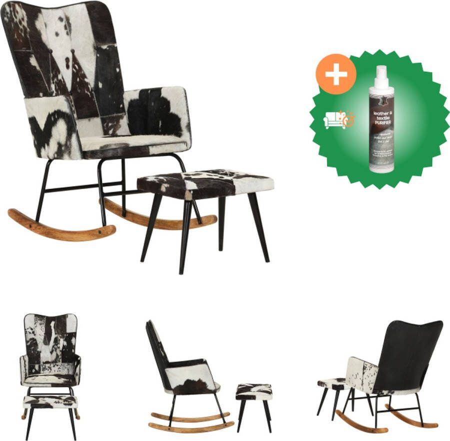 VidaXL Schommelstoel Echt Leer Relaxstoel met Voetenbank Zwart 56 x 74 x 93 cm (B x D x H) Stabiele Poten Optimaal Zitcomfort Schommelstoel Inclusief Reiniger