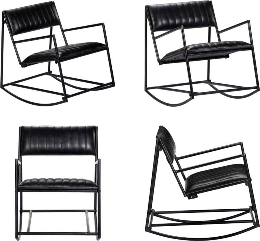 VidaXL Schommelstoel echt leer zwart Schommelfauteuil Schommelfauteuils Schommelstoel Schommelstoelen