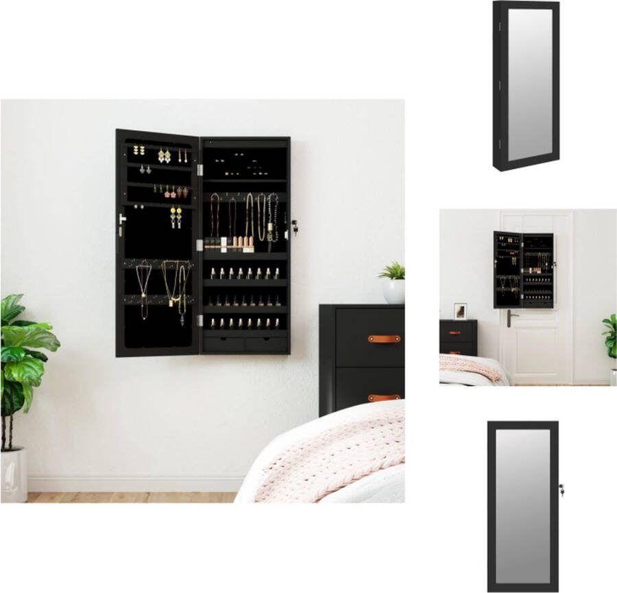 VidaXL sieradenkast met LED-verlichting bewerkt hout 37.5 x 10 x 90 cm zwart Spiegel