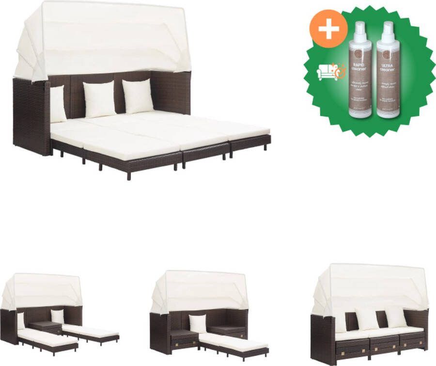 VidaXL Slaapbank met luifel 3 zits verlengbaar poly rattan bruin Loungebank Inclusief Onderhoudsset