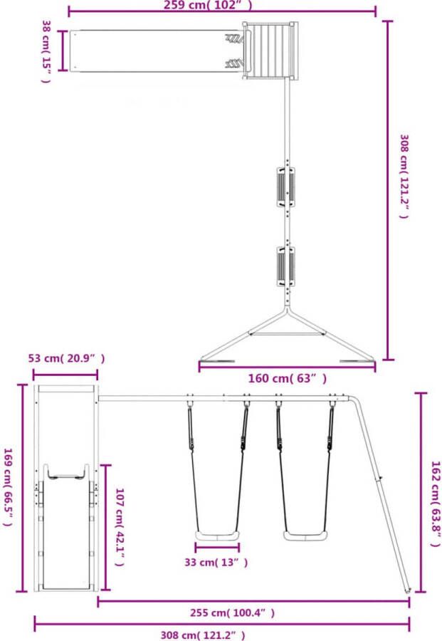 VidaXL Speelhuis met glijbaan en schommels massief grenenhout