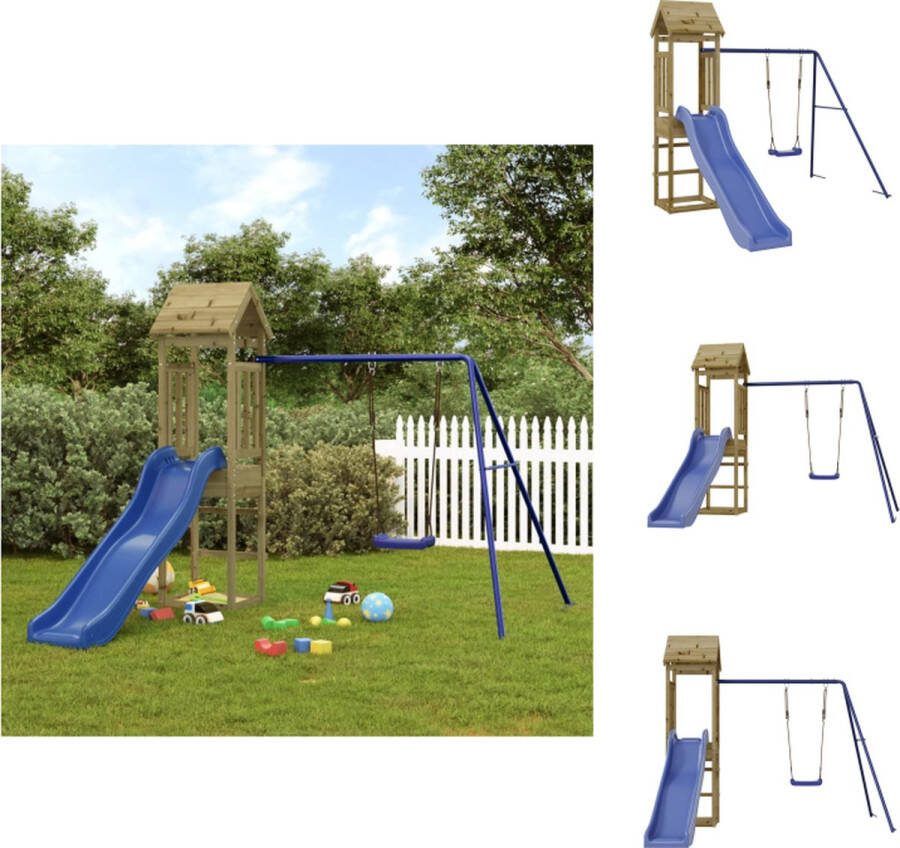 VidaXL Speeltoren Grenenhouten 238x321x207 cm Met golvende glijbaan en enkele schommel Blauwe PP materialen Voor kinderen 3-8 jaar oud Speeltoestellencombinatie
