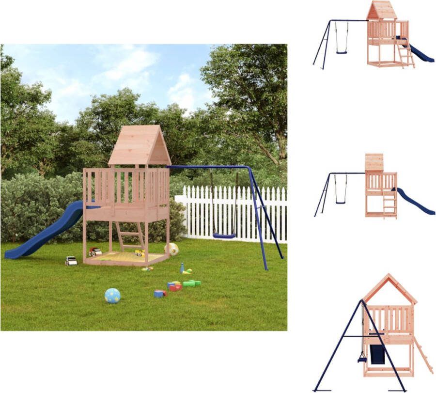 VidaXL Speeltoren massief douglashout 494 x 235 x 228 cm omringende balustrades houten dak inclusief enkele schommel en golvende glijbaan Speeltoestellencombinatie