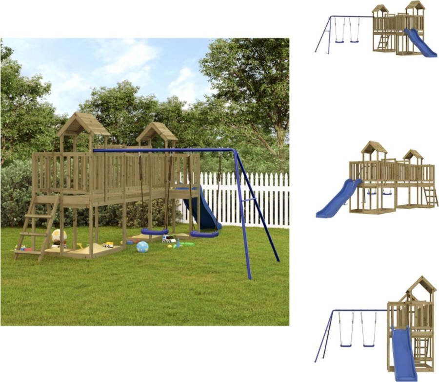 VidaXL Speeltoren met brug 152 x 320 x 214 cm Grenenhout Golvende glijbaan Dubbele schommelset Blauw Speeltoestellencombinatie