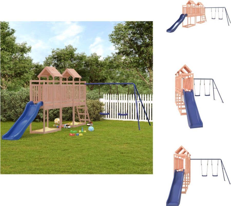 VidaXL Speeltoren met brug 313 x 589 x 214 cm Massief douglashout Dubbele schommelset Golf glijbaan Blauw Speeltoestellencombinatie