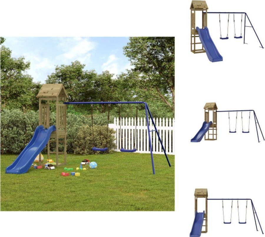 VidaXL Speeltoren met Glijbaan en Dubbele Schommelset 308x321x207 cm Grenenhout Blauw 3-8 jaar Max 45 kg Handleiding inbegrepen Speeltoestellencombinatie