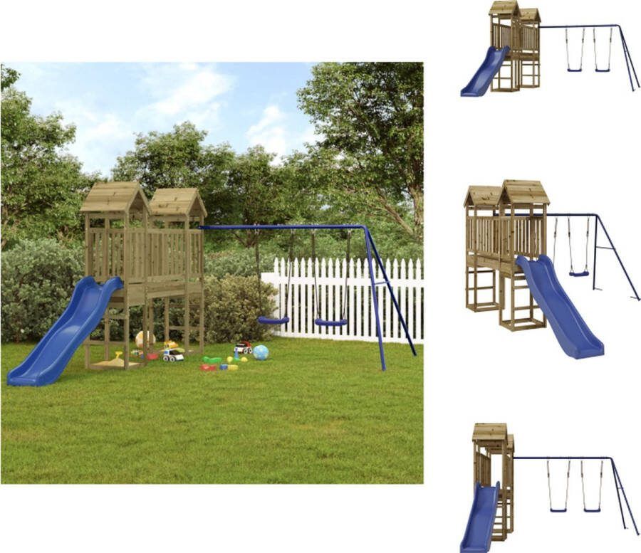 VidaXL Speeltorens met brug 175 x 64 x 207 cm vacuüm geïmpregneerd grenenhout Inclusief golvende glijbaan en dubbele schommelset Kleur- blauw Lekker buitenspelen Speeltoestellencombinatie