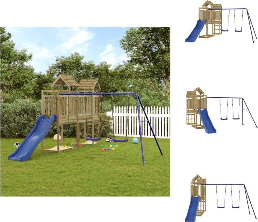 VidaXL Speeltorens met brug 314 x 460 x 214 cm Vacuüm geïmpregneerd grenenhout Dubbele schommelset Golfglijbaan Blauw Speeltoestellencombinatie