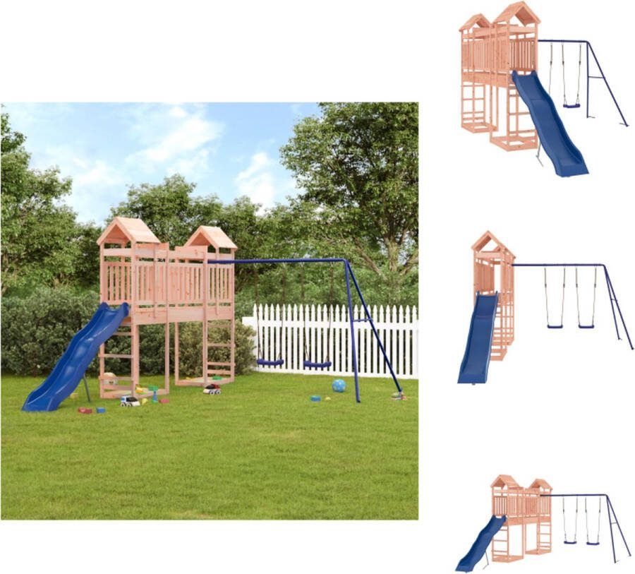 VidaXL Speeltorens met brug Dubbele schommelset Golfglijbaan Massief douglashout 461 x 320 x 238 cm (L x B x H) Blauw Speeltoestellencombinatie