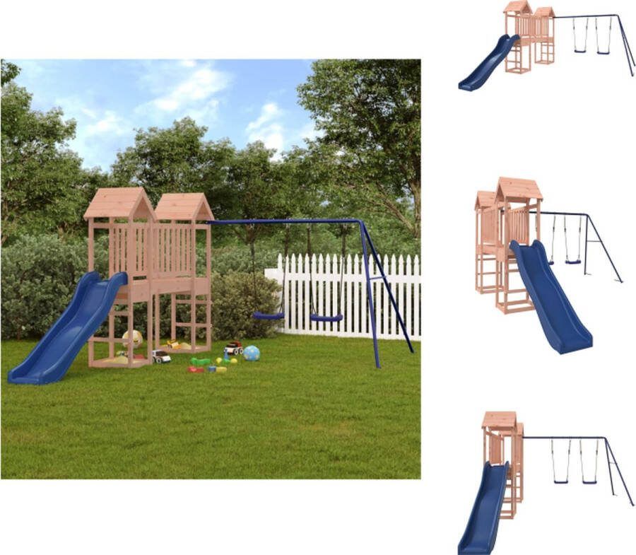 VidaXL Speeltorens met brug Houten speeltoestel Massief douglashout 308 x 393 x 194 cm Dubbele schommelset Golfglijbaan Blauw Voor kinderen van 3-8 jaar Max gewicht 45 kg Montagehandleiding inbegrepen Speeltoestellencombinatie