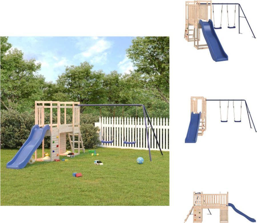 VidaXL Speeltorens met brug Massief grenenhout 308 x 461 x 169 cm Inclusief golvende glijbaan en dubbele schommel Blauwe kleur Aanbevolen leeftijd- 3-8 jaar Speeltoestellencombinatie