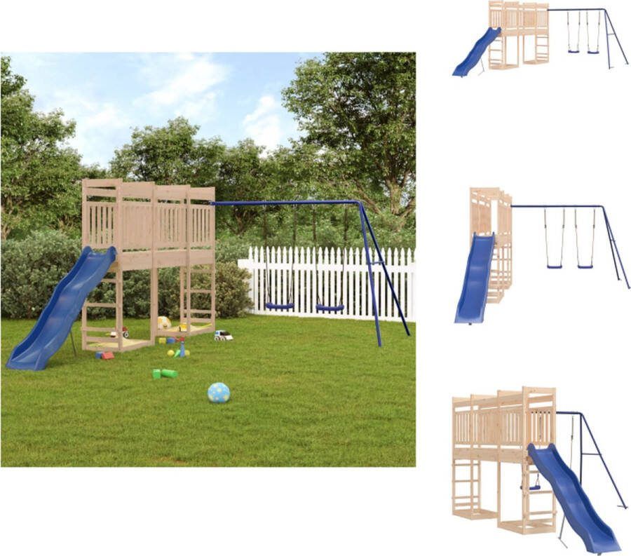VidaXL Speeltorens met brug Massief grenenhout 314 x 535 x 207 cm Dubbele schommelset Golvende glijbaan Blauw Speeltoestellencombinatie