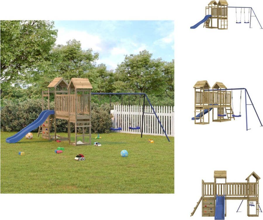 VidaXL Speeltorens met brug vacuüm geïmpregneerd grenenhout 505 x 332 x 214 cm 90 cm hoog platform dubbele schommelset golvende glijbaan Speeltoestellencombinatie