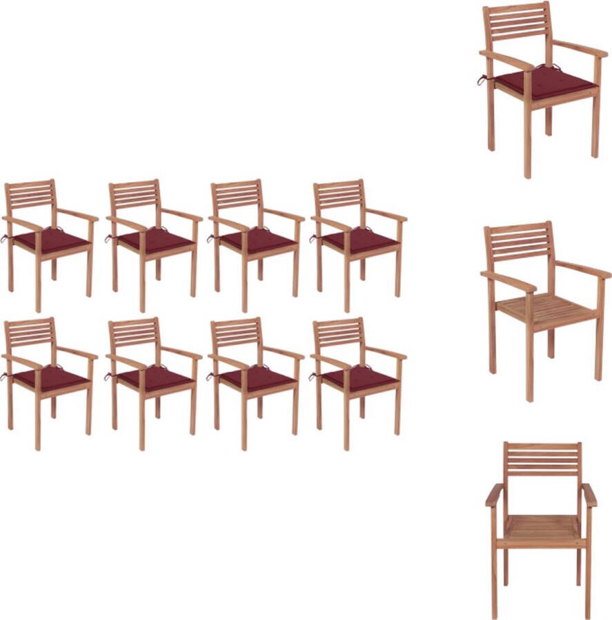 VidaXL Stapelbare houten tuinstoelen Teakhout Set van 8 stoelen met kussens Afmetingen- 56x51x90 cm Kleur kussen- wijnrood Montage vereist Tuinstoel