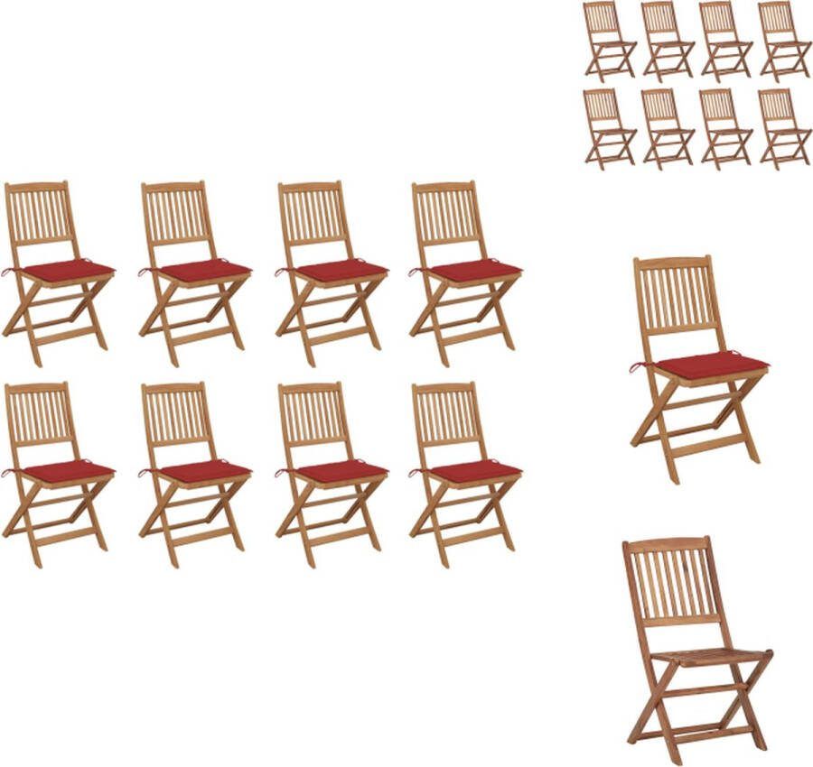 VidaXL Stoelenset Acaciahout Klapstoelen 8 stuks Rood kussen Tuinstoel