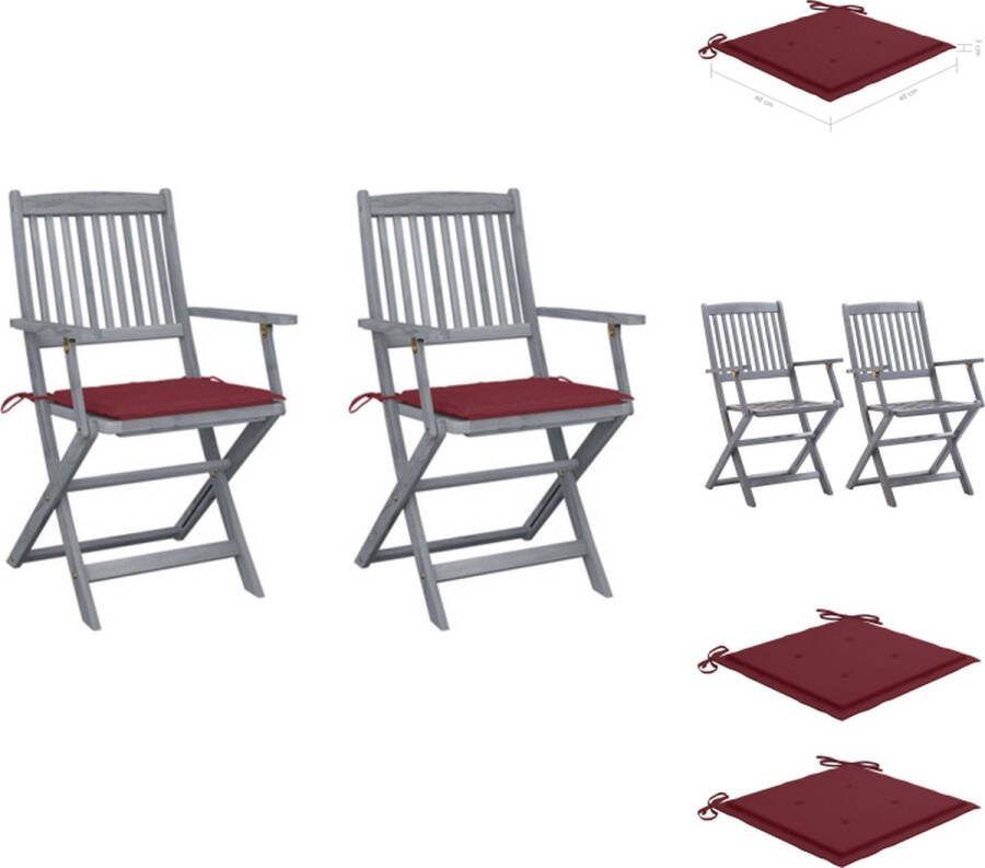 VidaXL Stoelenset Acaciahout Klapstoelen Greywash 54x57x91cm Wijnrood kussen Tuinstoel