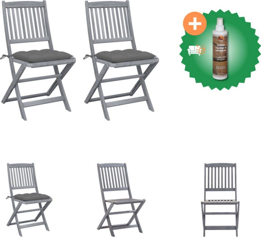 VidaXL Stoelenset Klapstoel Acaciahout 48.5 x 57 x 91 cm Grijs kussen Montage vereist Tuinstoel Inclusief Houtreiniger en verfrisser