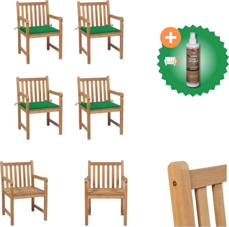 VidaXL Stoelenset Teak Tuinmeubelen 58x60x90cm Duurzaam Weerbestendig Groene Kussens Montage vereist 4x Stoel Zitkussen Tuinstoel Inclusief Houtreiniger en verfrisser