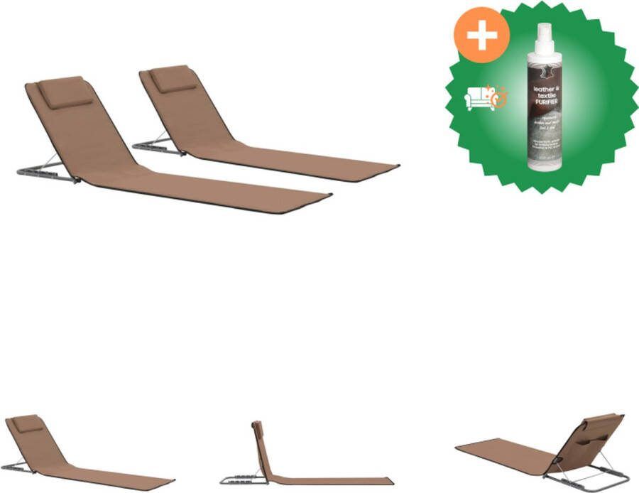 VidaXL Strandstoelen Opvouwbare strandmatten Set van 2 Bruin Gepoedercoat staal en stoffen bekleding 160 x 53 x 47 cm Inclusief hoofdsteun en opbergvak Ligbed Inclusief Reiniger