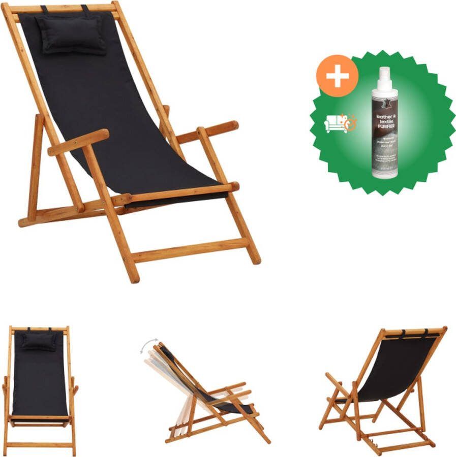VidaXL Strandstoel Hout Inklapbaar Verstelbaar Zwart 60 x (112 119 127) x (81 88.5 95) cm Met kussen Tuinstoel Inclusief Reiniger