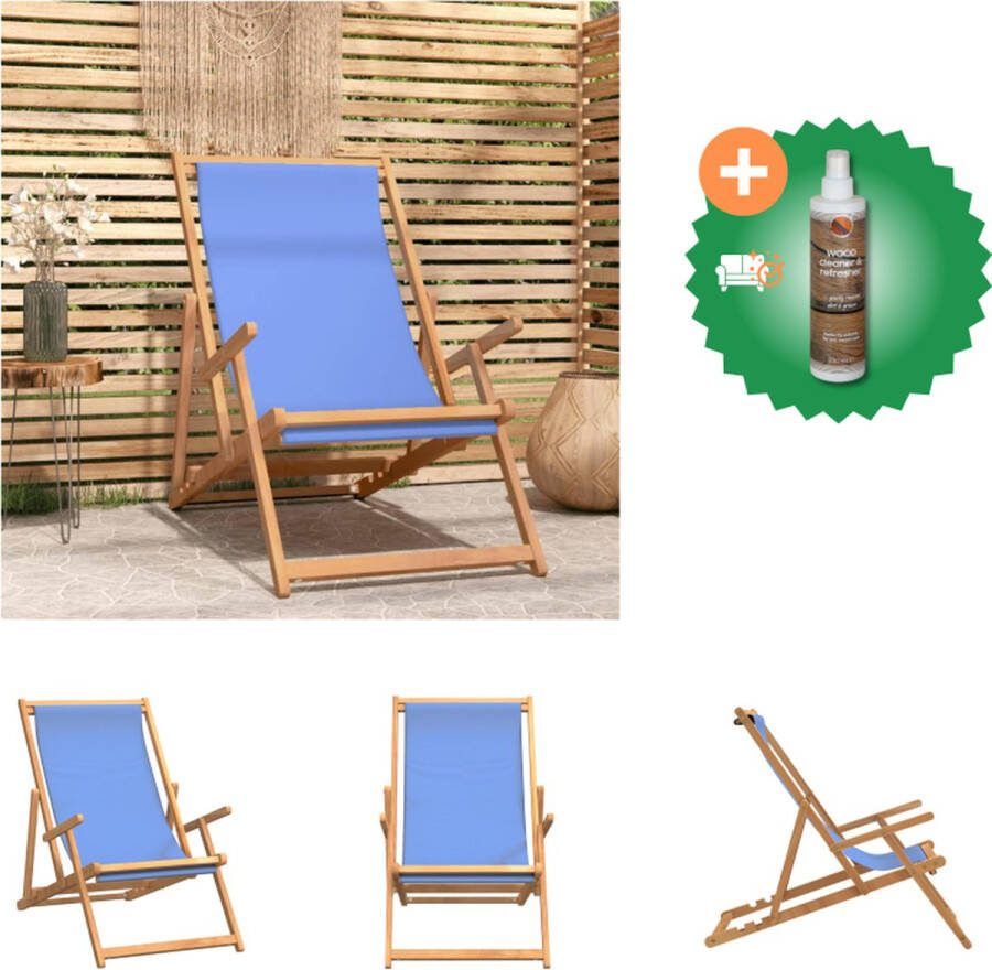 VidaXL Strandstoel Inklapbaar Blauw 60 x 126 x 87.5 cm Teakhout Comfortabel Tuinstoel Inclusief Houtreiniger en verfrisser