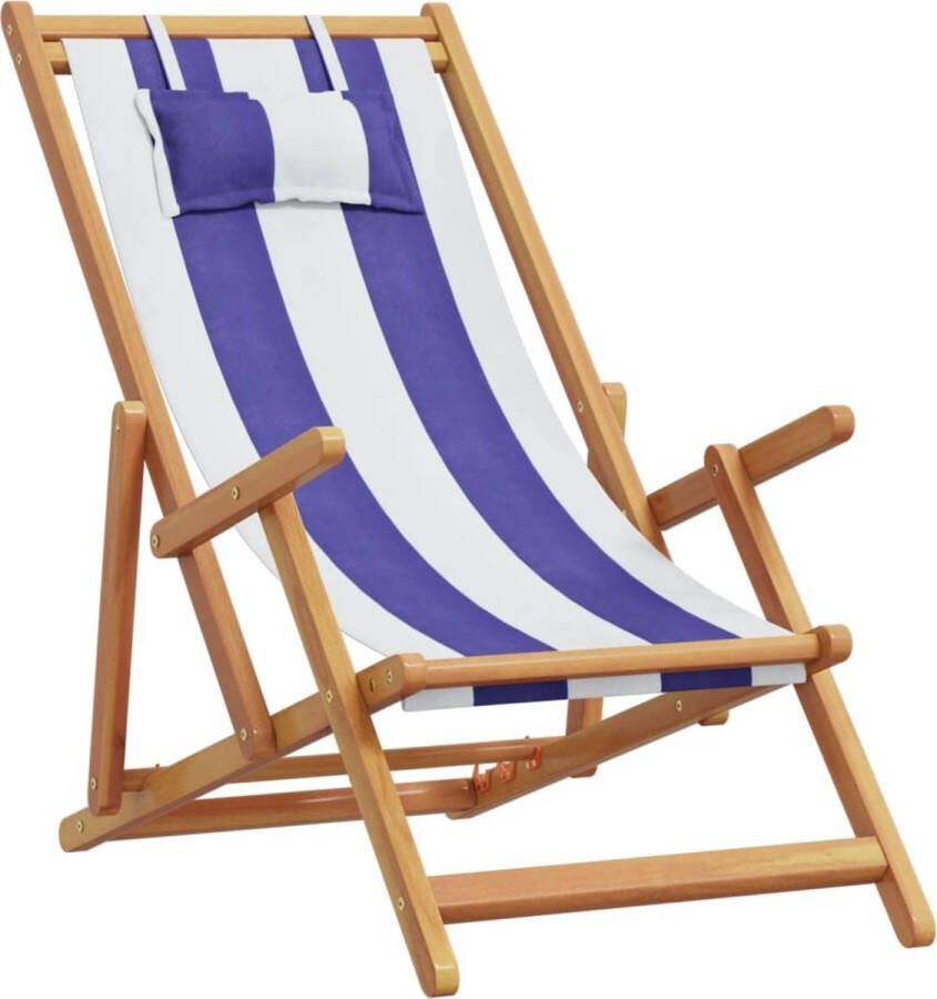VidaXL Strandstoel inklapbaar eucalyptushout en stof blauw en wit