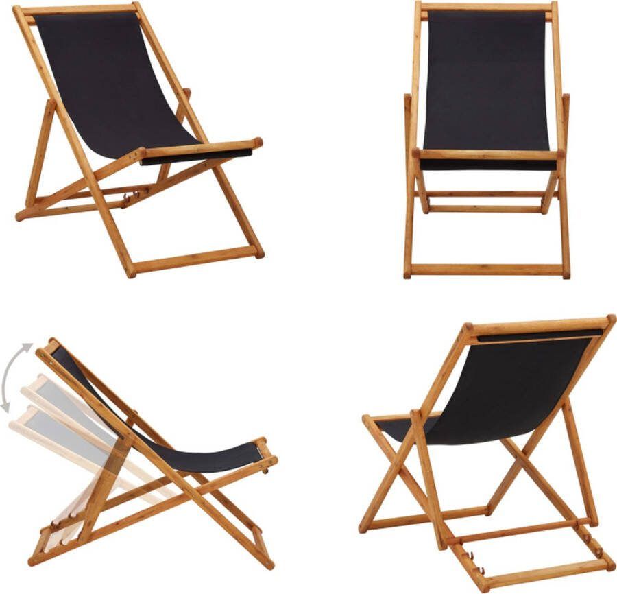 VidaXL Strandstoel inklapbaar eucalyptushout en stof zwart Strandstoel Strandstoelen Houten Stoel Houten Stoelen