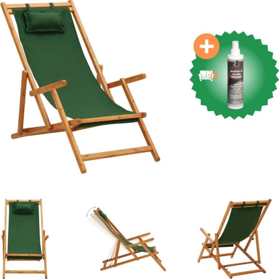 VidaXL Strandstoel Inklapbaar Houten frame 3 standen Groen 60 x (112 119 127) x (81 88.5 95) cm Polyester Tuinstoel Inclusief Reiniger
