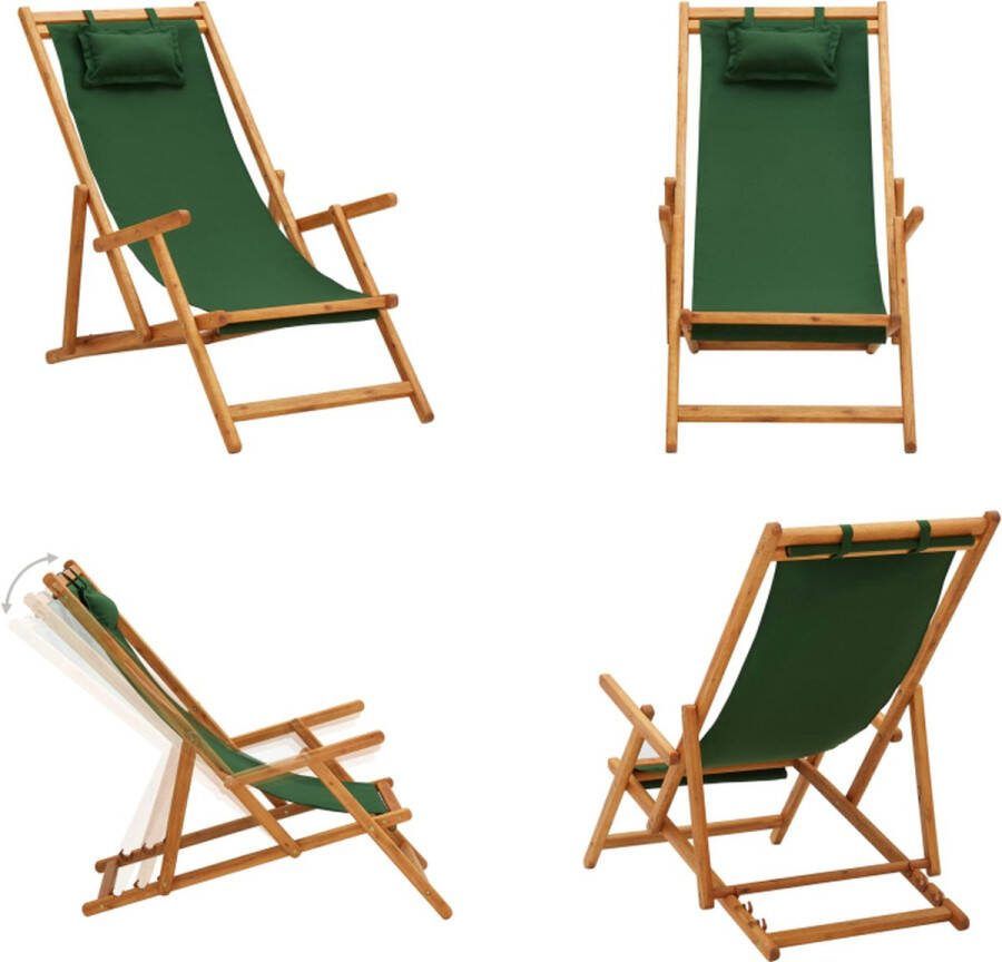 VidaXL Strandstoel inklapbaar massief eucalyptushout en stof groen Strandstoel Strandstoelen Houten Stoel Houten Stoelen