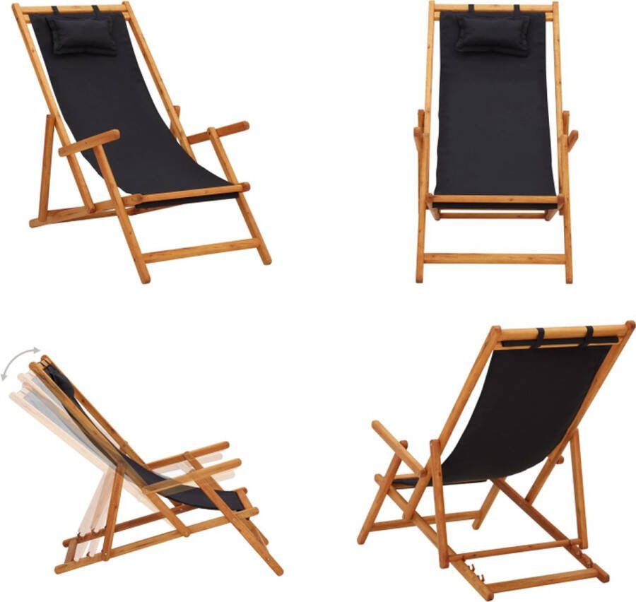 VidaXL Strandstoel inklapbaar massief eucalyptushout en stof zwart Strandstoel Strandstoelen Houten Stoel Houten Stoelen