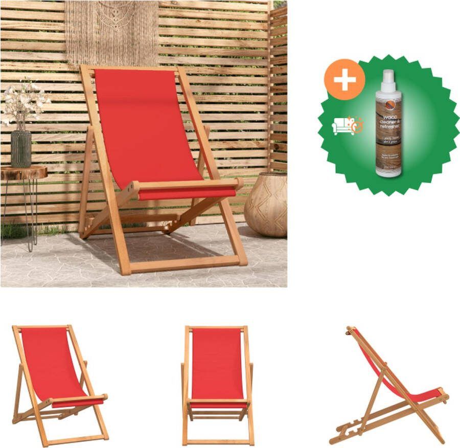 VidaXL Strandstoel Iconic Rood Teakhout Inklapbaar 56x105x96 cm Zonder armleuningen Tuinstoel Inclusief Houtreiniger en verfrisser