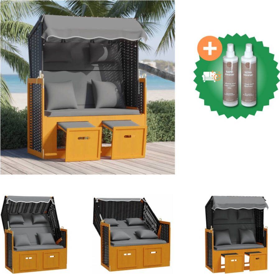 VidaXL Strandstoel Lounger Poly Rattan Uitschuifbaar Verstelbare Rugleuning Met Luifel Zwart Antraciet Wit 115x55x133 151 156cm Ligbed Inclusief Onderhoudsset