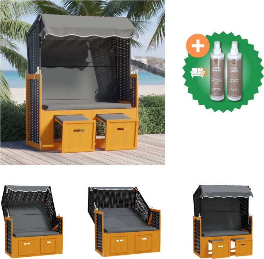 VidaXL Strandstoel Lounger Poly Rattan Verstelbare Rugleuning Uitschuifbare Voetensteunen Luifel Antraciet Zwart Wit 115x55x133 151 156cm Ligbed Inclusief Onderhoudsset