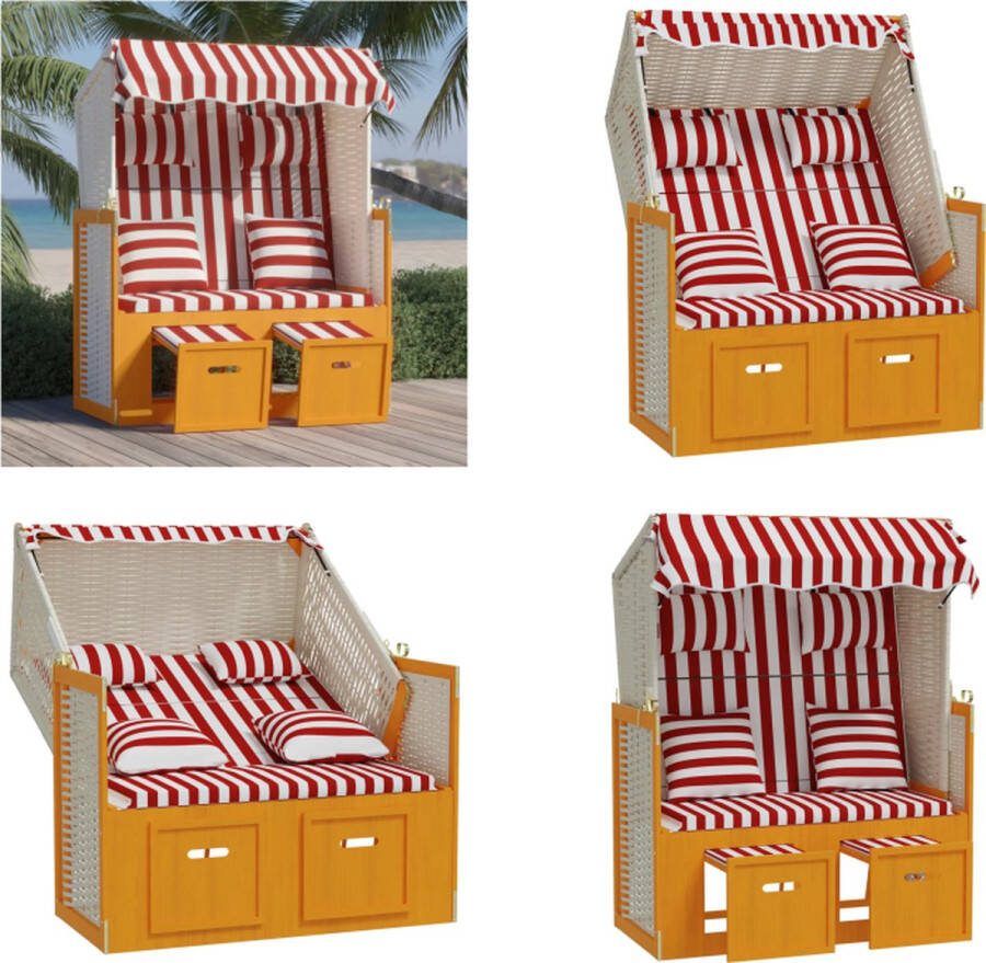 VidaXL Strandstoel met kussens poly rattan en hout rood en wit Strandstoel Strandstoelen Strandkorb Zitstoel