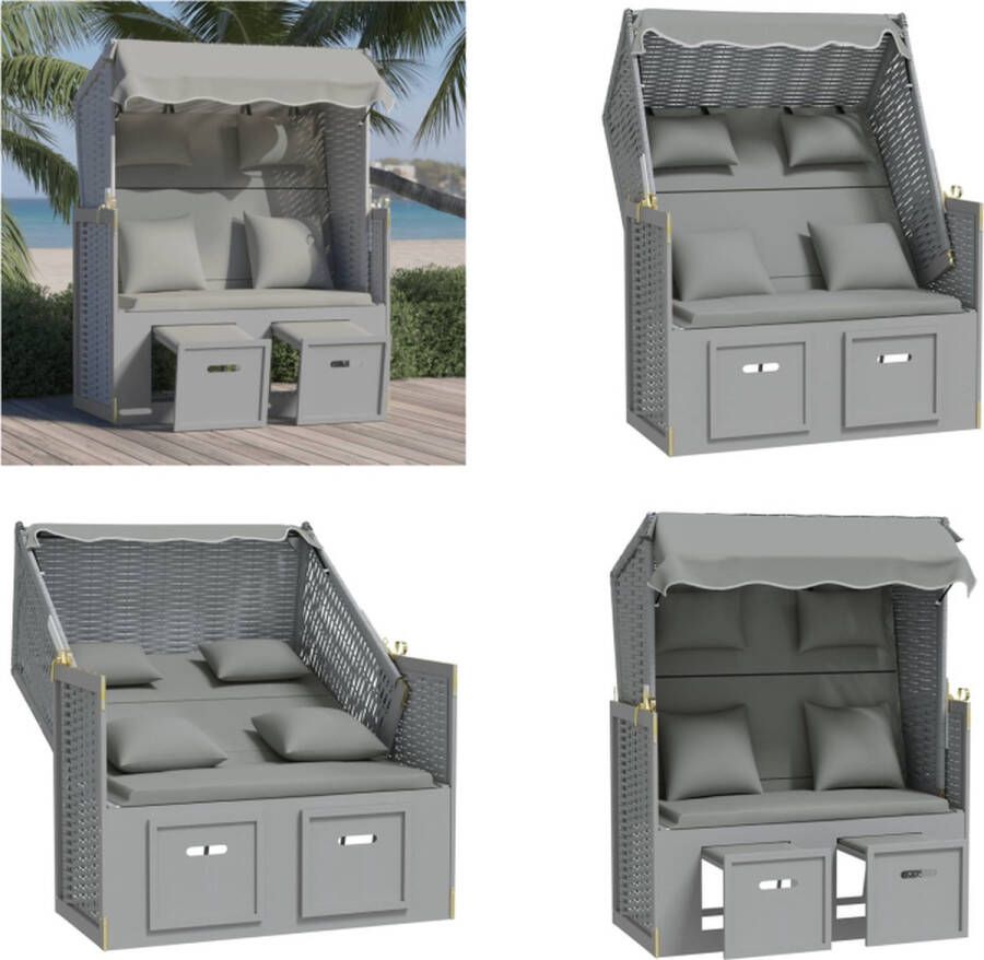 VidaXL Strandstoel met kussens poly rattan en massief hout grijs Strandstoel Strandstoelen Strandkorb Zitstoel