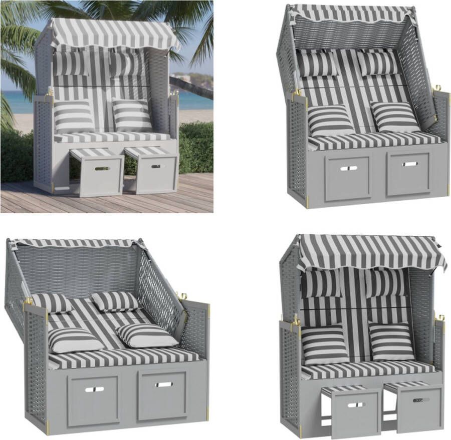 VidaXL Strandstoel met kussens poly rattan en massief hout grijs wit Strandstoel Strandstoelen Strandkorb Zitstoel