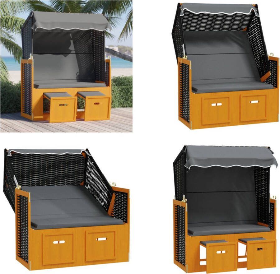 VidaXL Strandstoel met luifel poly rattan en hout zwart en antraciet Strandstoel Strandstoelen Strandkorb Zitstoel