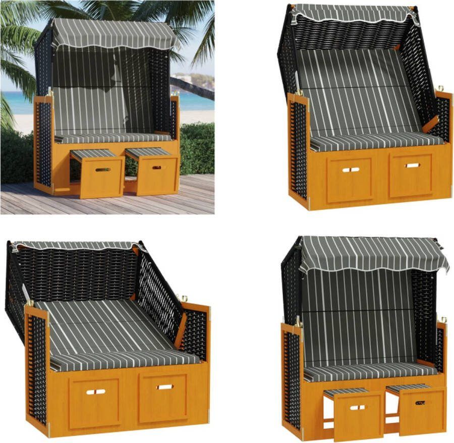 VidaXL Strandstoel met luifel poly rattan en hout zwart en grijs Strandstoel Strandstoelen Strandkorb Zitstoel