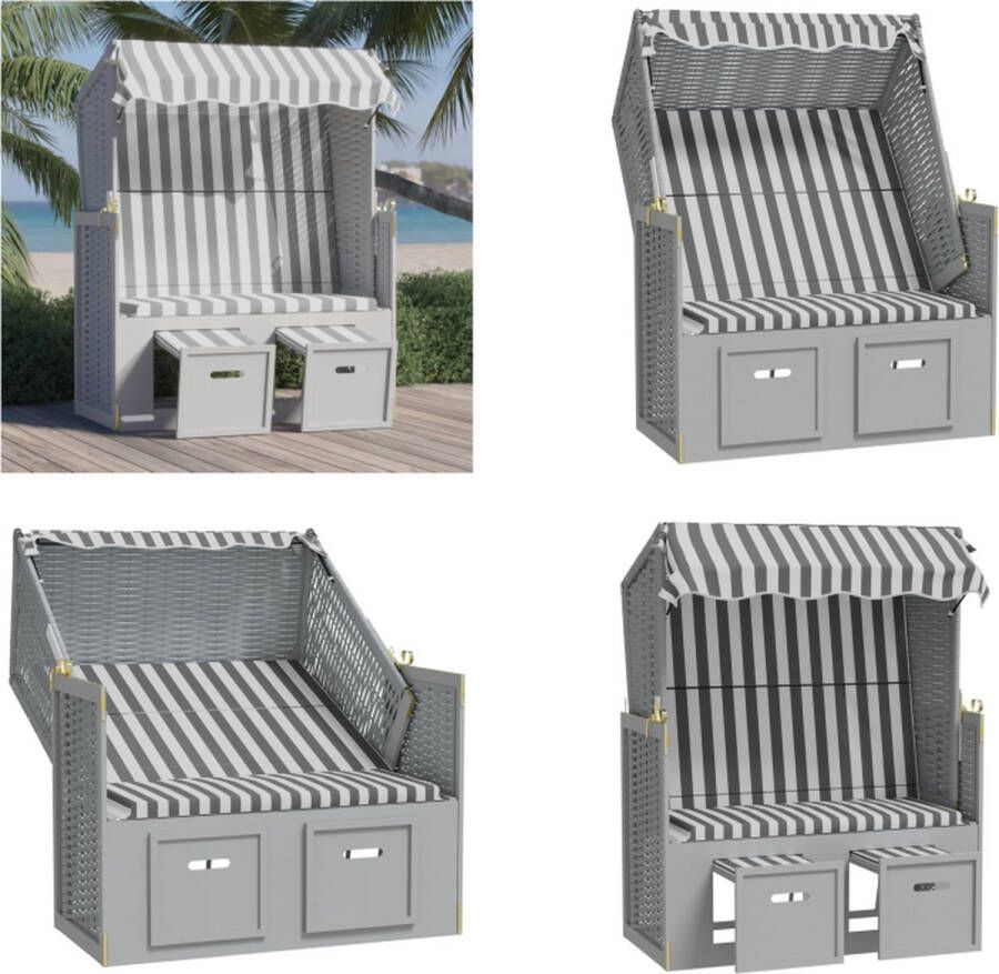 VidaXL Strandstoel met luifel poly rattan en massief hout grijs en wit Strandstoel Strandstoelen Strandkorb Zitstoel