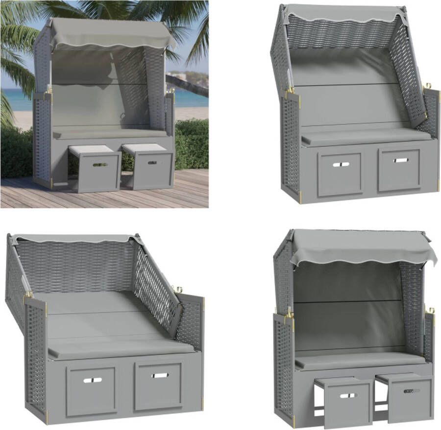 VidaXL Strandstoel met luifel poly rattan en massief hout grijs Strandstoel Strandstoelen Strandkorb Zitstoel