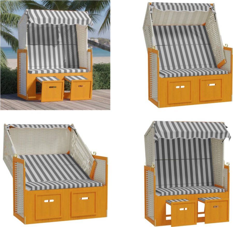VidaXL Strandstoel met luifel poly rattan en massief hout wit en grijs Strandstoel Strandstoelen Strandkorb Zitstoel